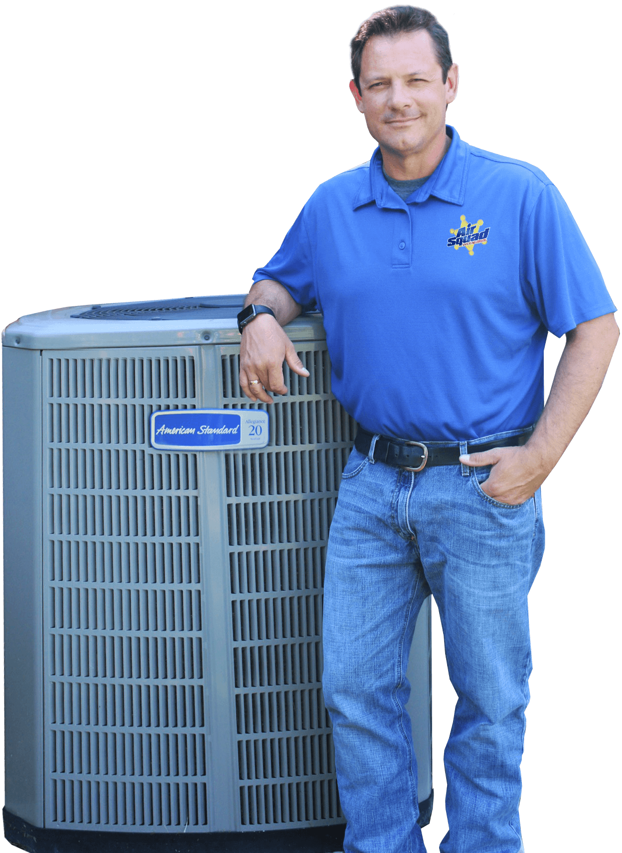 Owner Richard leaning on an AC unit.